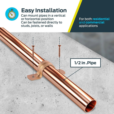 Easy installation of one half inch copper pipe strap with two holes built tough copper plated steel pipe support on wall.