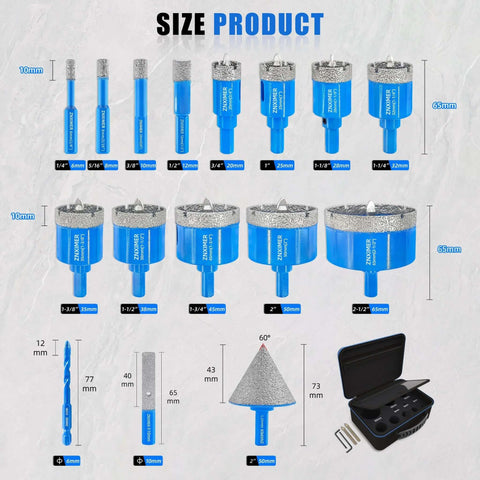 Diamond hole saw kit with pilot bits by ZNXIMER; blue tile and stone cutting set in multiple sizes.