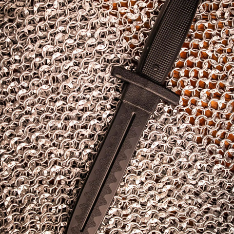 Beefy Training Practice Sword In Black Polypropylene Made In Taiwan Built For Realistic Sparring Safe Rounded Tip on chainmail