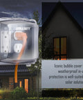 Extra Duty Weatherproof In-Use 2-Gang Electrical Outlet Cover For Outdoor Use Nonmetallic Clear 2.75-Inch Opening Wet And Damp Location Rated Easy Install Heavy-Duty Protection For Home Improvement Projects mounted on house exterior at night.
