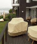 Veranda 94 Inch Round Patio Table And Chair Cover With Umbrella Hole, water resistant, shown on a deck fitting tables and chairs