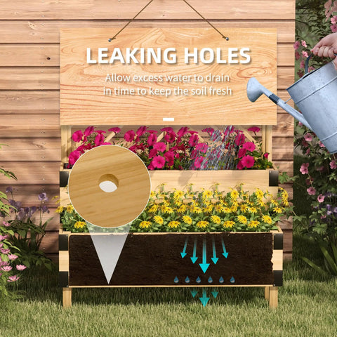Two Tier Raised Garden Bed With Trellis Elevated Wooden Planter Box On Legged Frame With Metal Corners For Vegetables Flowers And Herbs In Natural Finish showing drainage holes.
