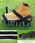 Preassembled Lawn Aerator Shoes With Metal Reinforced Base Plate And Anti Slip Straps on grass, boot displayed