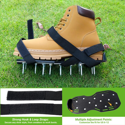 Preassembled Lawn Aerator Shoes With Metal Reinforced Base Plate And Anti Slip Straps on grass, boot displayed