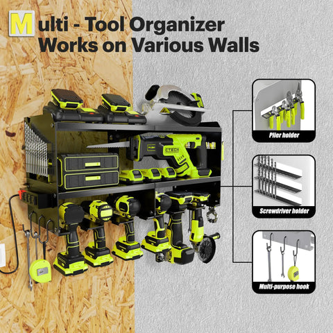 Power Tool Organizer Wall Mount With Charging Station, 3 Layer Heavy Duty Metal Tool Storage Rack Holds 420lbs with tools