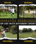 Fielding Trainer For Baseball And Softball With Rebound Net, Grounders, Line Drives And Fly Balls Return Settings, Four By Four Point Five Foot Steel Frame, UV And Weather Resistant Net, Easy Fold Design For Serious Pro Grade Infield Practice shown with use in various sports including soccer and lacrosse.