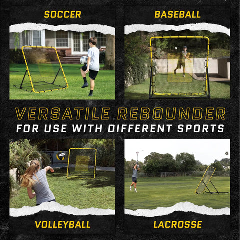 Fielding Trainer For Baseball And Softball With Rebound Net, Grounders, Line Drives And Fly Balls Return Settings, Four By Four Point Five Foot Steel Frame, UV And Weather Resistant Net, Easy Fold Design For Serious Pro Grade Infield Practice shown with use in various sports including soccer and lacrosse.
