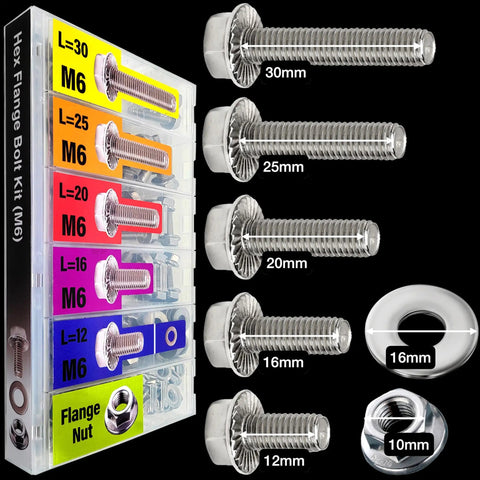 The Real Deal Metric Hex Flanged Bolt Assortment Kit 138 Piece M6 Nuts And Washers 304 Stainless Steel bolts and nuts in various sizes.