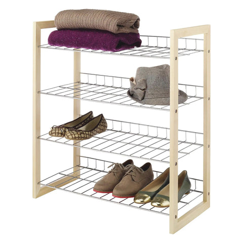 Wood And Chrome 4 Tier Closet Shelf With Stackable Shoe Racks Heavy Duty 100 Pound Capacity Great For Entryways And Closets