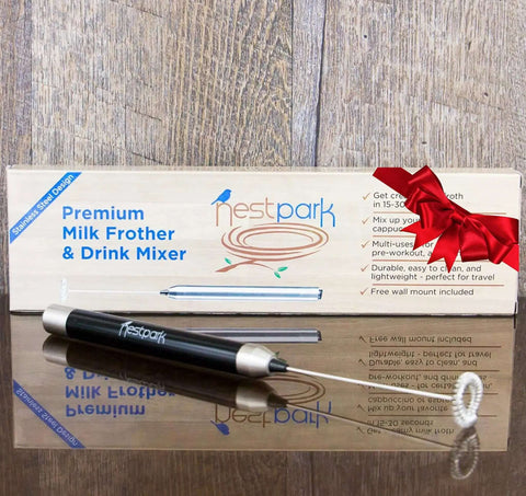Badass Little Cordless Handheld Stick Blender Blends Bulletproof Keto Coffee Protein Shakes And Creamers Straight Up Smooth Zero Clumps Guaranteed Wireless Power Mixer with packaging and whisk.