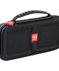 Game Traveler Deluxe Licensed Travel Case For Nintendo Switch Family, hard shell, black, shown with comfortable carry handle.