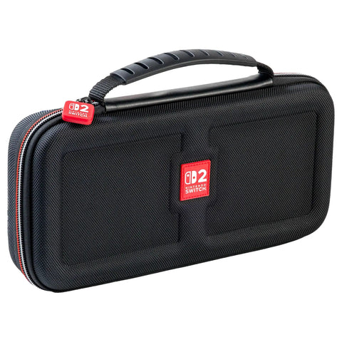 Game Traveler Deluxe Licensed Travel Case For Nintendo Switch Family, hard shell, black, shown with comfortable carry handle.