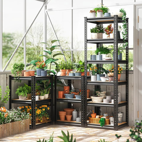 Heavy Duty 6 Tier Metal Storage Shelving Unit For Pantry Kitchen And Garage Each Shelf Holds Up To 376 Lbs Total Capacity 2256 Lbs Sturdy 5mm MDF Shelves With 5 Support Bars Adjustable Chrome Frame. six-tier black metal shelf for potted plants in a sunroom