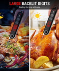 Ultra Fast Instant Read Meat Thermometer With 4 Inch Probe Digital Thermocouple Sensor Delivers 2 To 3 Second Readouts At 0.9 F Accuracy 14 F To 572 F Range Lock Function Ideal For Grillin Smokin Fryin Candy Oil And Kitchen showing temperature on grilled meat and roast chicken.
