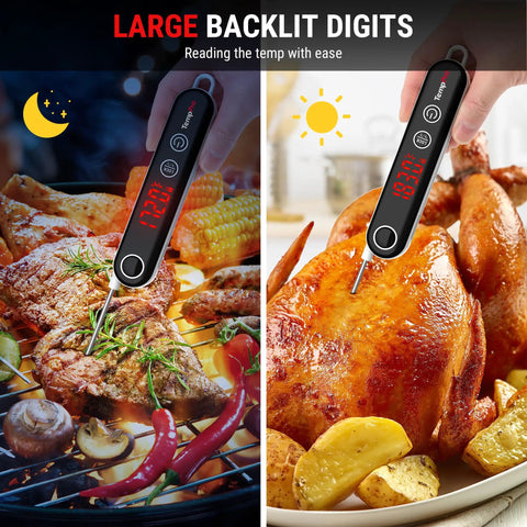 Ultra Fast Instant Read Meat Thermometer With 4 Inch Probe Digital Thermocouple Sensor Delivers 2 To 3 Second Readouts At 0.9 F Accuracy 14 F To 572 F Range Lock Function Ideal For Grillin Smokin Fryin Candy Oil And Kitchen showing temperature on grilled meat and roast chicken.