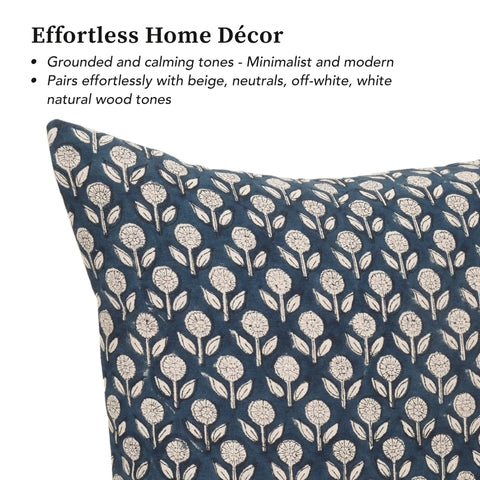 Hand Block Print Throw Pillow Covers Set Artisan Made 100 Percent Cotton With Zipper Closure Neutral Boho Cozy Accent For Sofa Bed Chair Deep Blue 20x20 Inches Pack Of 2, close-up floral pattern
