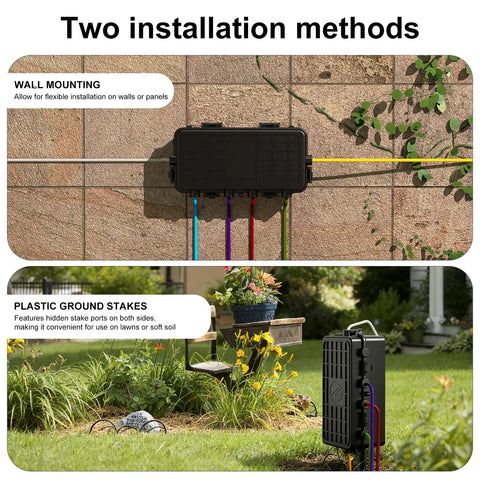 Built Different Heavy Duty IP65 Waterproof Outlet Box With Six Entry Ports For Power Strips And Extension Cables installed on wall and ground.