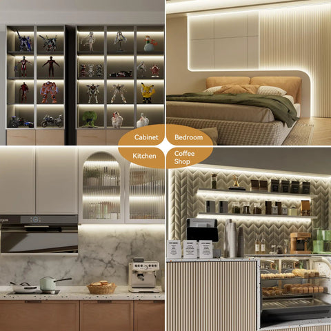 Cabinets, kitchen, bedroom, coffee shop with 48ft COB LED Strip Lights Crazy Bright 4000K Natural White For Cabinets And Home DIY Lighting 504 LEDs Per Meter Flexible 24V Tape High CRI 90 Smooth Even Glow Includes 2 COB Connectors Power Supply Not Included.