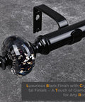 Black Curtain Rod For Windows 30-88 Inches, Heavy Duty Adjustable Drapery Rod With Crystal Finials close-up on bracket and finial