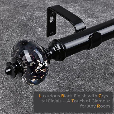 Black Curtain Rod For Windows 30-88 Inches, Heavy Duty Adjustable Drapery Rod With Crystal Finials close-up on bracket and finial