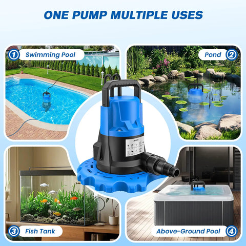 One HP Automatic Pool Cover Pump with 5000 GPH submersible water removal in pools, ponds, fish tanks, and above-ground pools.