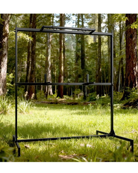 Heavy Duty Archery Target Stand for Bag Targets Foam Blocks Cubes and Paper Targets in a forest setting.