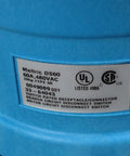 Close-up of the Meltric DS60 receptacle label, 60A, 480VAC, certified for industrial use, showcasing built-in switching mechanism.
