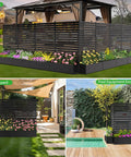 No-Dig Metal Patio Privacy Fence Screen With Planter Box For Outdoors, 73.8 In H By 45.3 In W, Rustproof Air Conditioner Fence Enclosure, Easy Tool-Free Setup for Trash Cans, Pool Equipment, And Garden Decor showcasing different outdoor setups