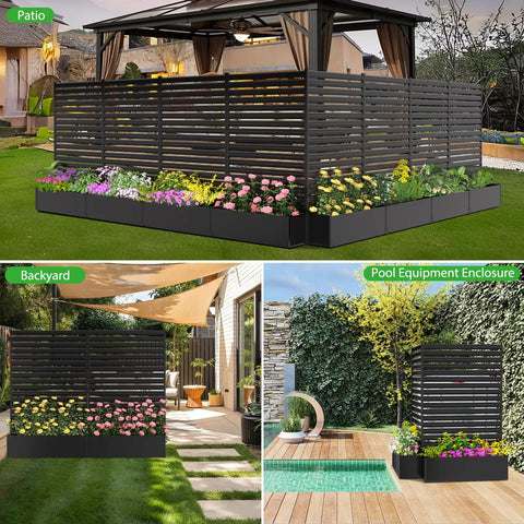 No-Dig Metal Patio Privacy Fence Screen With Planter Box For Outdoors, 73.8 In H By 45.3 In W, Rustproof Air Conditioner Fence Enclosure, Easy Tool-Free Setup for Trash Cans, Pool Equipment, And Garden Decor showcasing different outdoor setups