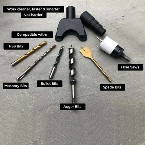 Hands Free Dust Collector Upgrade For Hole Saw Dust Extraction Tool Vacuum Attachment with drill bits and hole saws displayed