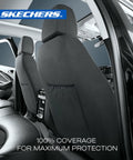 Premium Breathable Polyester Front Seat Covers For Most Cars Vans Trucks And SUVs Airbag Compatible Cushioned Comfort Black Easy Fit Two Front Seat Covers Set Keep Your Ride Fresh, shown from rear in car.