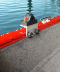 90 Degree Boat Track Rod Holder Extender for Versatrack Lund Ranger Lowe Gunnel Systems Marine Grade Aluminum Right Angle Bracket Six And One Half Inch Extension mounted on red boat track