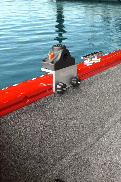 90 Degree Boat Track Rod Holder Extender for Versatrack Lund Ranger Lowe Gunnel Systems Marine Grade Aluminum Right Angle Bracket Six And One Half Inch Extension mounted on red boat track