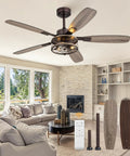 52 Inch Oil Bronze Farmhouse Ceiling Fan With Light And Remote Slick Industrial Flush Mount Six Speeds Reversible Motor Dual Finish Five Blades Rustic Ceiling Fan For Living Room Or Bedroom in a modern living room.