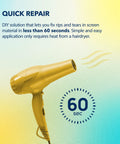 Window Screen Repair Kit 5 By 7 Inch Patch Silver Two Patches For A Quick Handy Screen Fix shown with a hairdryer for application