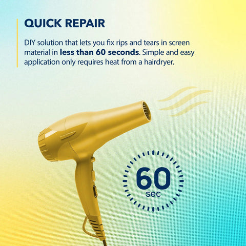 Window Screen Repair Kit 5 By 7 Inch Patch Silver Two Patches For A Quick Handy Screen Fix shown with a hairdryer for application