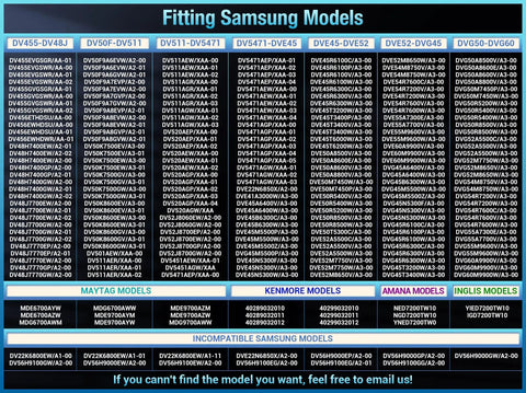 Image showing model compatibility list for upgraded dryer repair kit with roller and belt for DC97 16782A DC93 00634A 6602 001655.