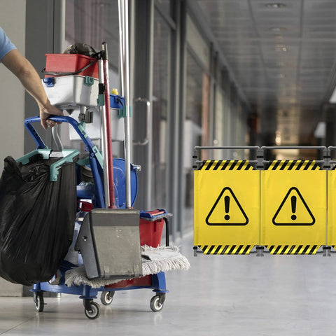 Caution Symbol Foldable Safety Barricade With High Visibility Red Panels near cleaning cart in hallway, 3 Foot Lightweight Portable Barrier