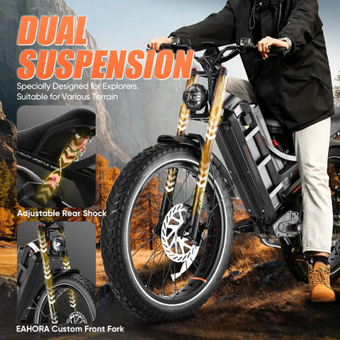 Built Different 3000W Electric Bike Rolling At 42 MPH With 100 To 200 Mile Range powered by adjustable dual suspension and 26-inch fat tires.
