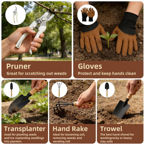Mother's Day Garden Kit Gift Set with pruner, gloves, transplanter, hand rake, and trowel for planting and gardening