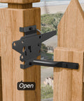 Heavy Duty Self Locking Gate Latch for Pool and Garden Gates, Weatherproof Black Finish on wooden fence, open position.