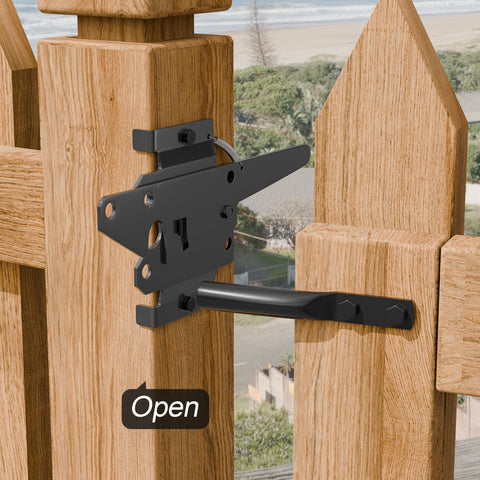 Heavy Duty Self Locking Gate Latch for Pool and Garden Gates, Weatherproof Black Finish on wooden fence, open position.