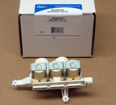 Washer Triple Water Inlet Valve Replacement With 3 Solenoids, Direct Fit next to packaging box for replacement WH13X10026
