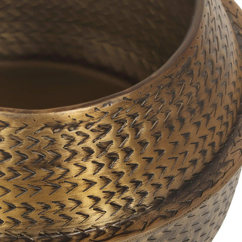 Close-up texture of Caine Aluminum Planters in aged brass, handcrafted bowl style planter with vintage vibe, modern home decor