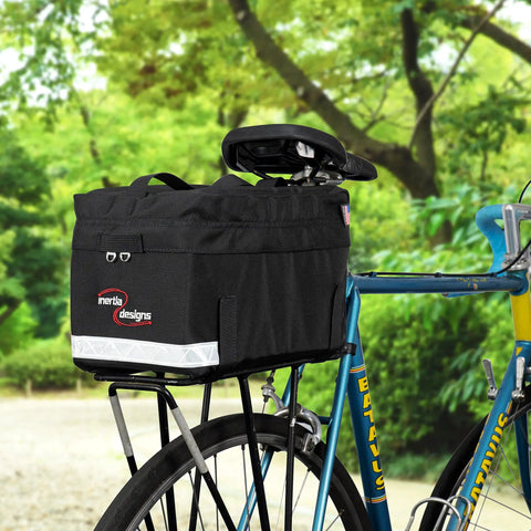 Budget Friendly Rack Trunk Bag With Blinker Loop And Four Point Hook And Loop Attachment, Cordura Fabric, on blue bicycle