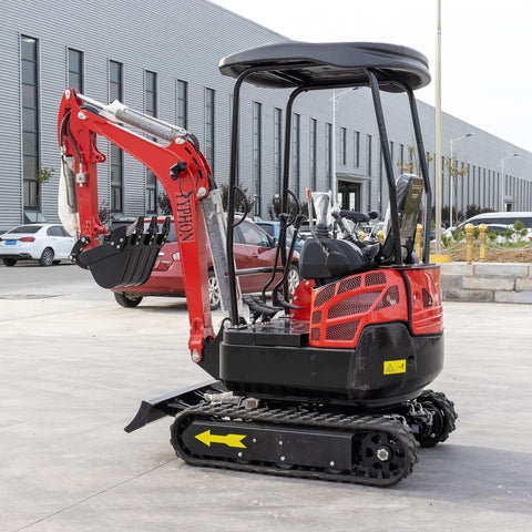Compact 4,000 Lb Terror XVIII Mini Excavator Diesel Machine for gardens, showcased outdoors, side view with red arm.