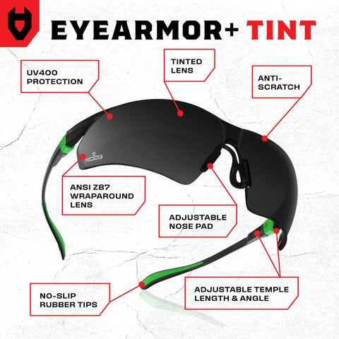 Built Tough Safety Glasses With Anti Fog Wrap Around Lenses And Scratch Beater Coating Plus Grip Lock Temples And Genuine Uv Blocking For Your Daily Grind In Black Green Tinted 10 Pack displaying features like adjustable nose pad.