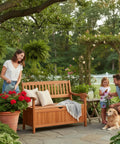 Family enjoying garden near Outdoor Dope Wood Storage Bench Deck Box With Inner Removable Dust Proof Lining And Portable Handles