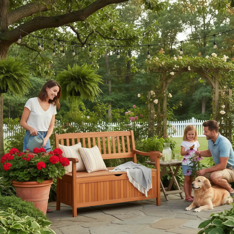 Family enjoying garden near Outdoor Dope Wood Storage Bench Deck Box With Inner Removable Dust Proof Lining And Portable Handles