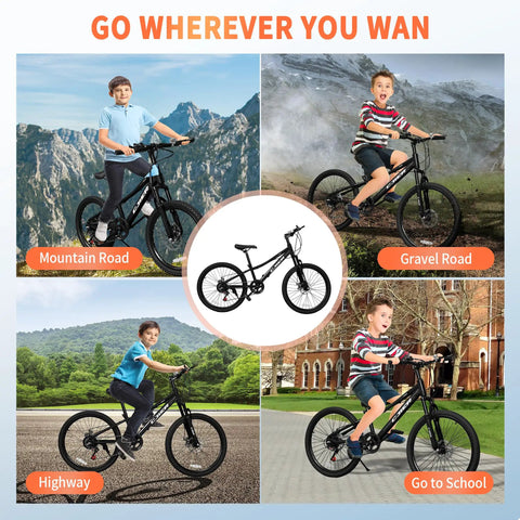 Kids Mountain Bike 20 And 24 Inch For Ages 6 To 12, 7 Speed Drivetrain, Suspension Fork, Dual Disc Brakes, All-Terrain Use